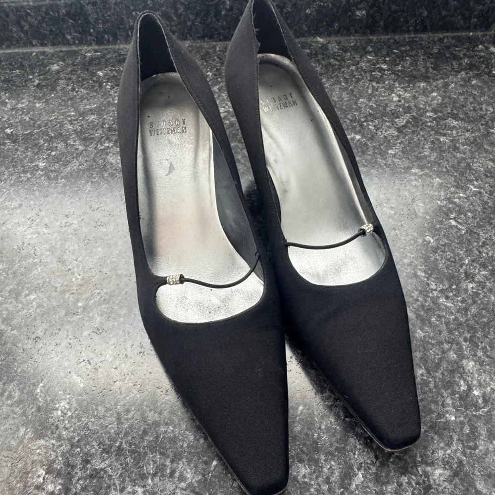 Vintage Stuart Weitzman Black Satin Crystal Strap Pointed Toe Kitten Heel 9.5 M